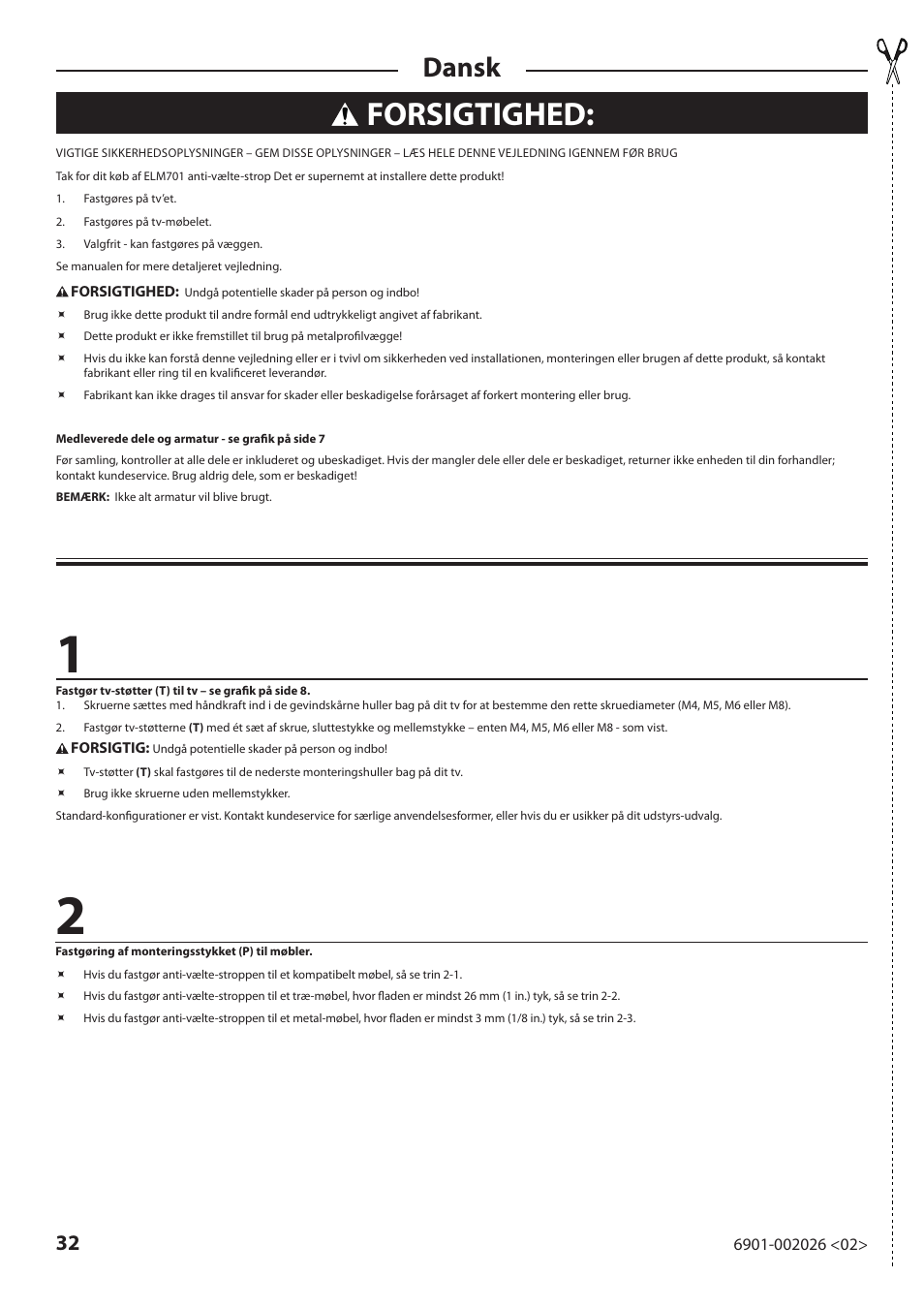 Forsigtighed, Dansk | Sanus Systems ELM701 User Manual | Page 32 / 48