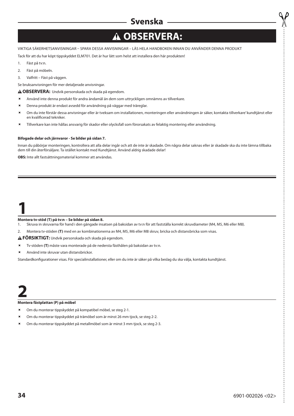 Observera, Svenska | Sanus Systems ELM701 User Manual | Page 34 / 48