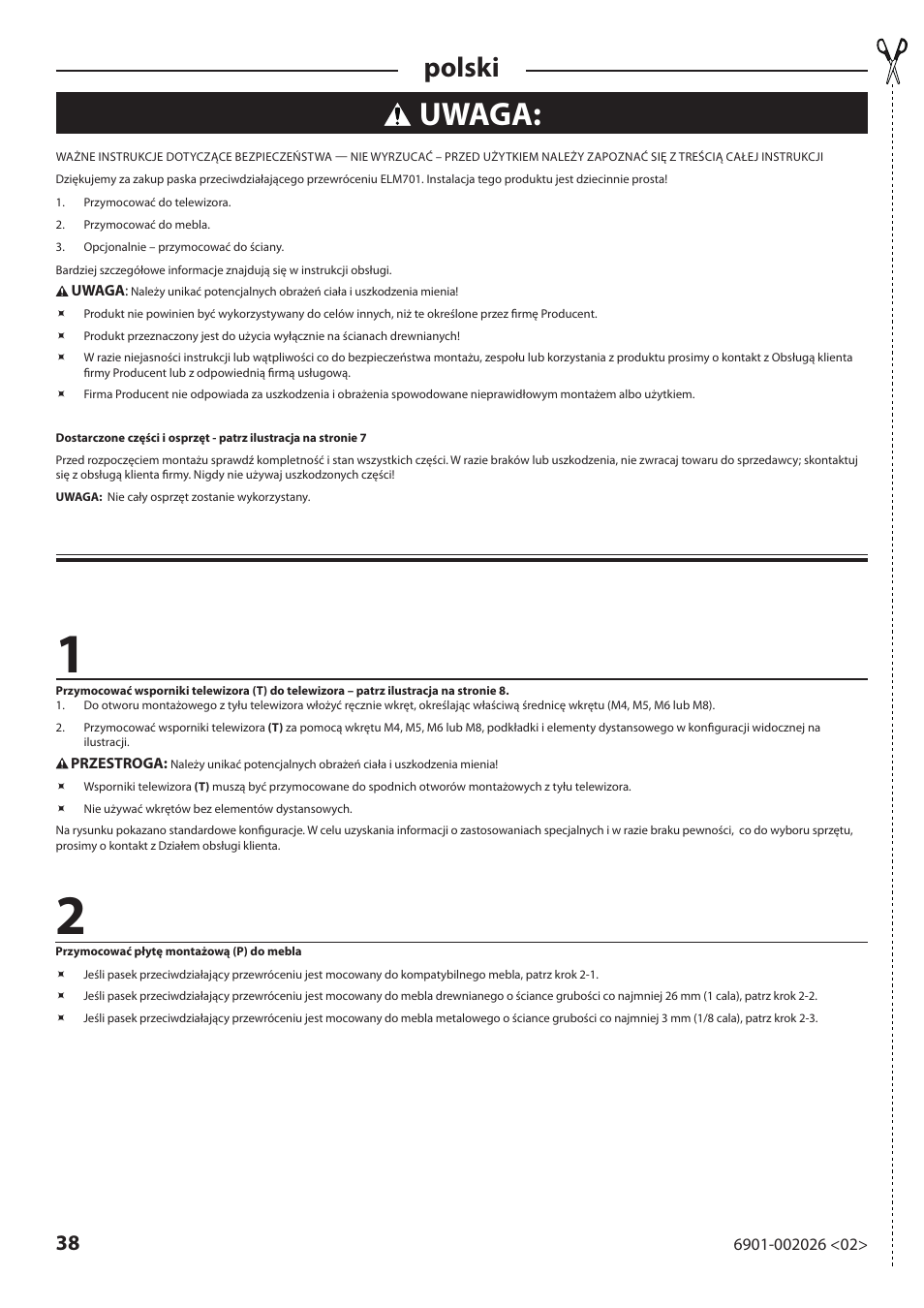 Uwaga, Polski | Sanus Systems ELM701 User Manual | Page 38 / 48