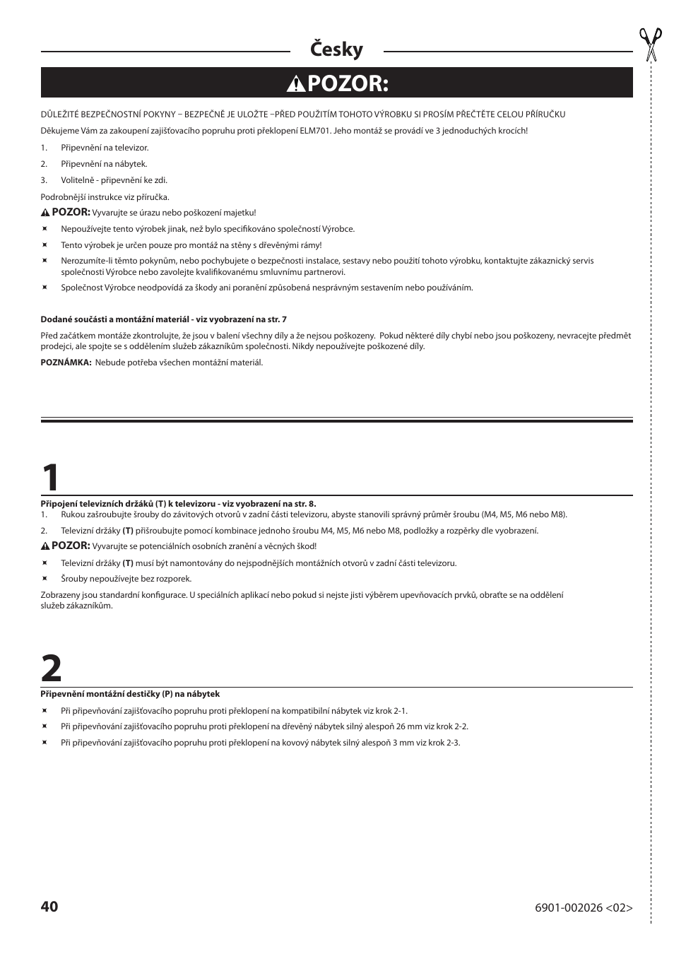 Pozor, Česky | Sanus Systems ELM701 User Manual | Page 40 / 48