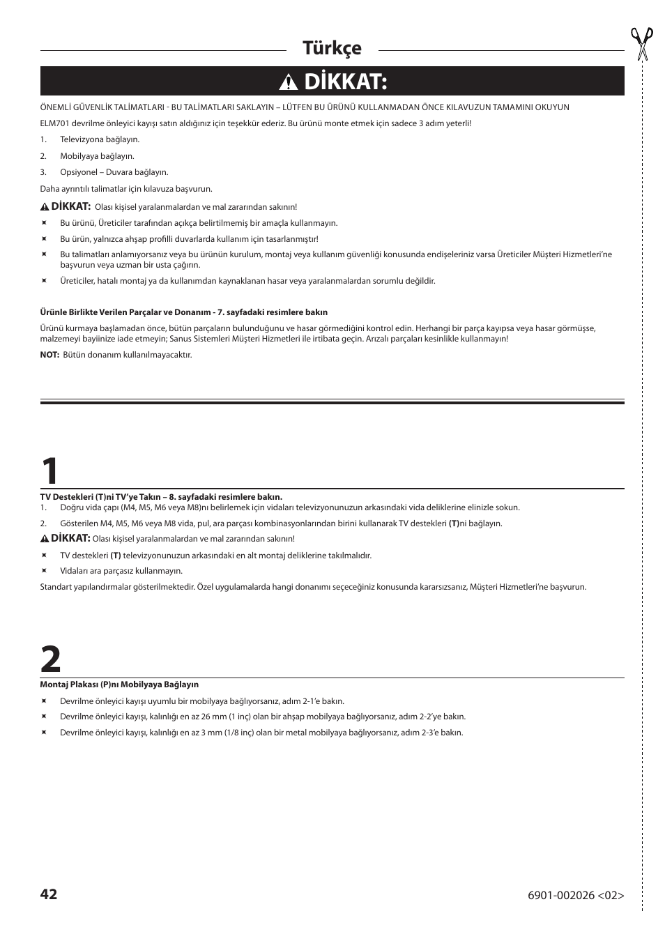 Dikkat, Türkçe | Sanus Systems ELM701 User Manual | Page 42 / 48