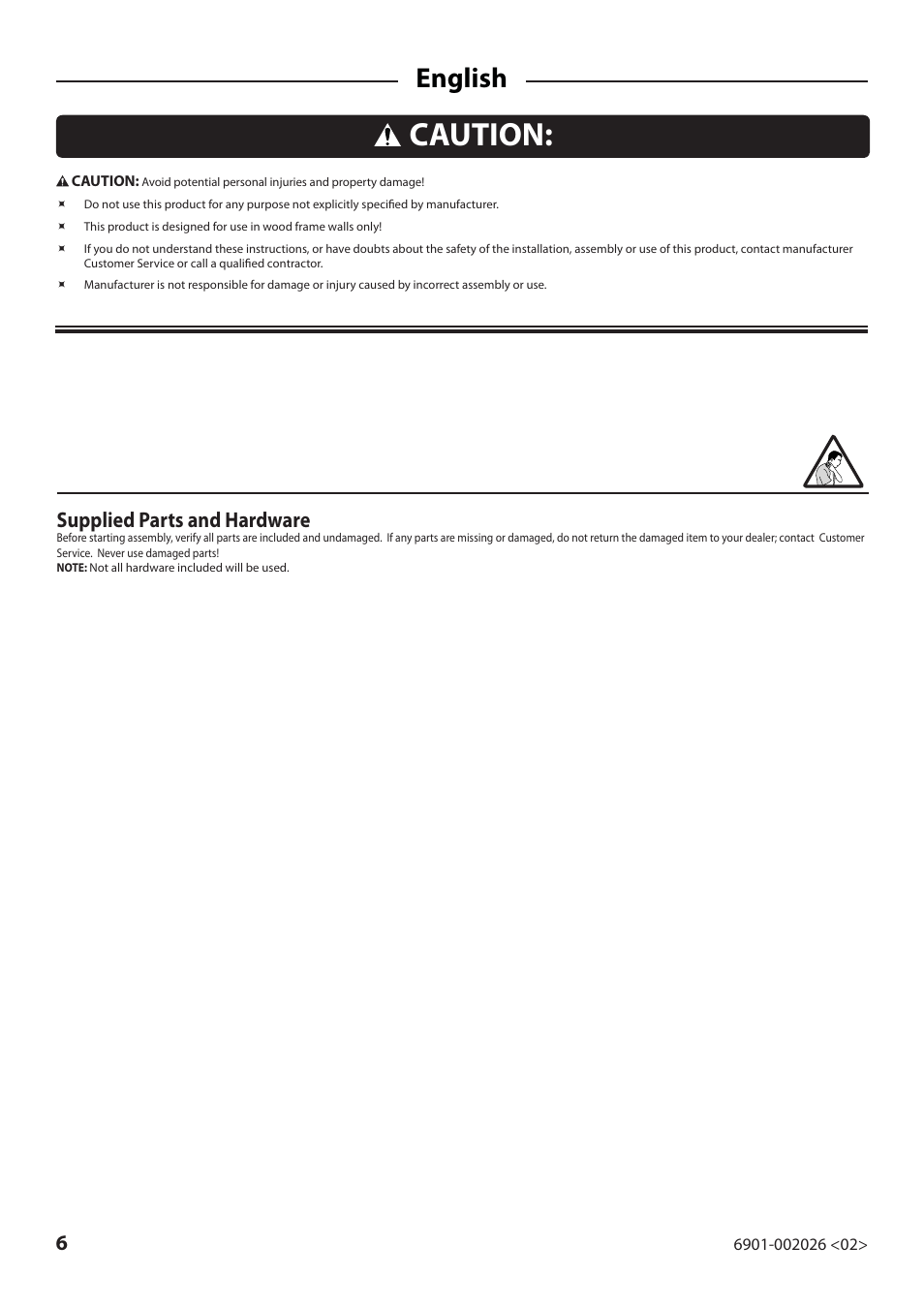 Caution, English, Supplied parts and hardware | Sanus Systems ELM701 User Manual | Page 6 / 48