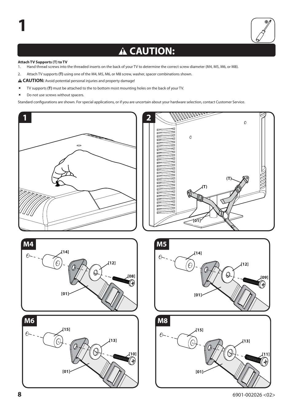 Caution, M4 m6 m5 m8 | Sanus Systems ELM701 User Manual | Page 8 / 48