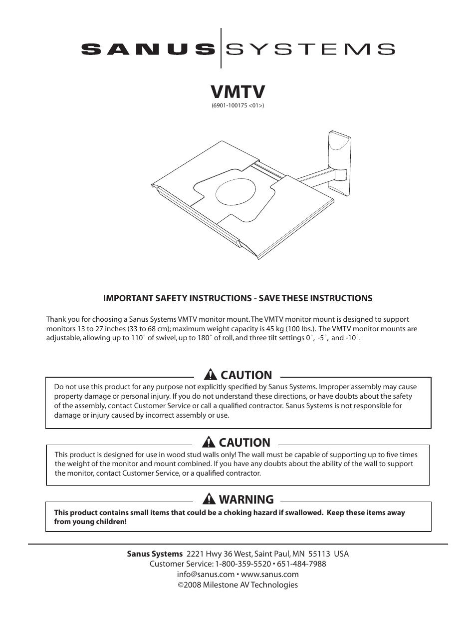 Sanus Systems Monitor Mount VMTV User Manual | 8 pages