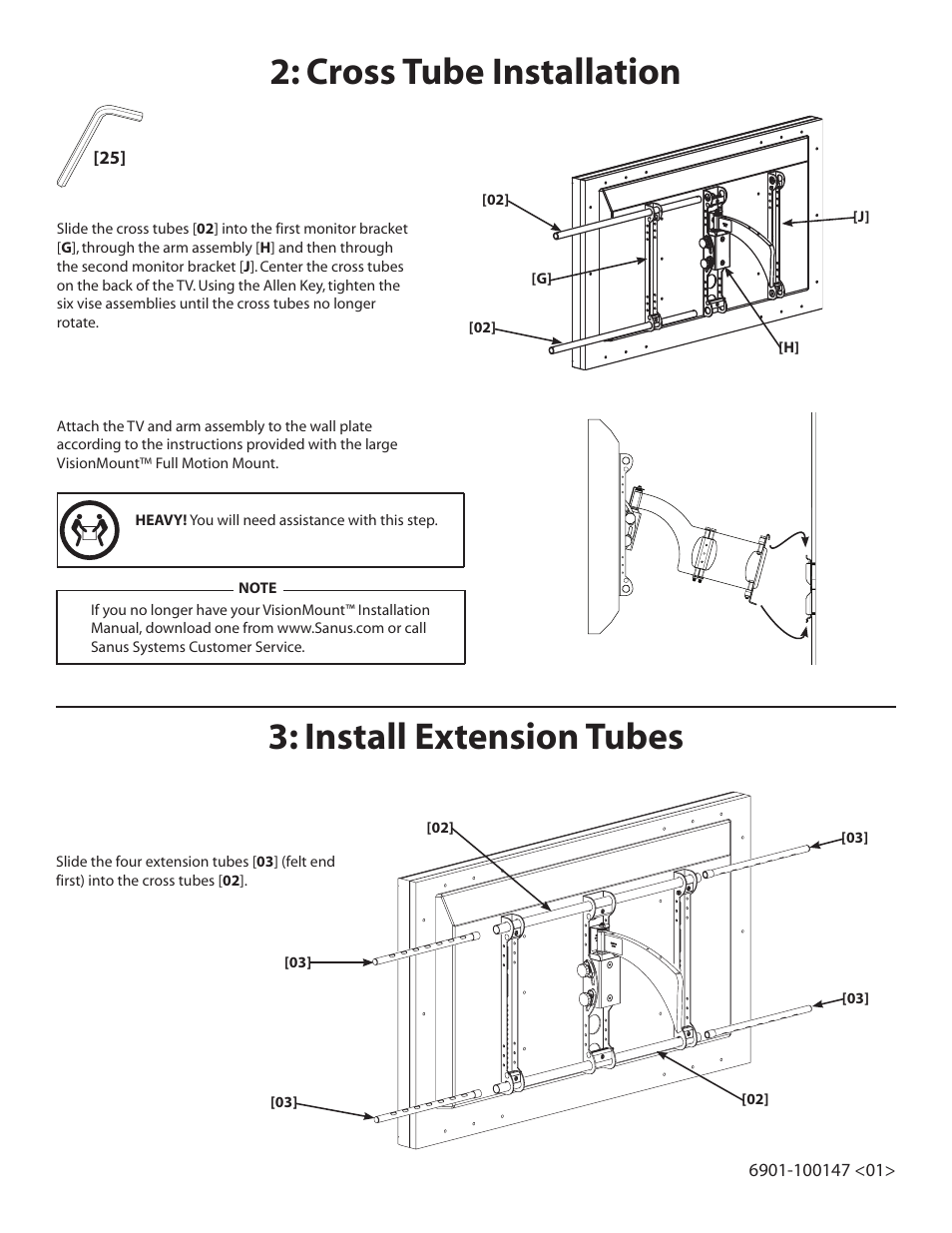 Cross tube installation, Install extension tubes | Sanus Systems LAS1A User Manual | Page 4 / 8