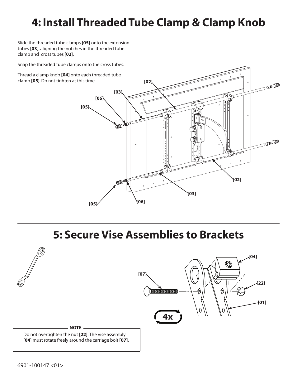 Install threaded tube clamp & clamp knob, Secure vise assemblies to brackets | Sanus Systems LAS1A User Manual | Page 5 / 8