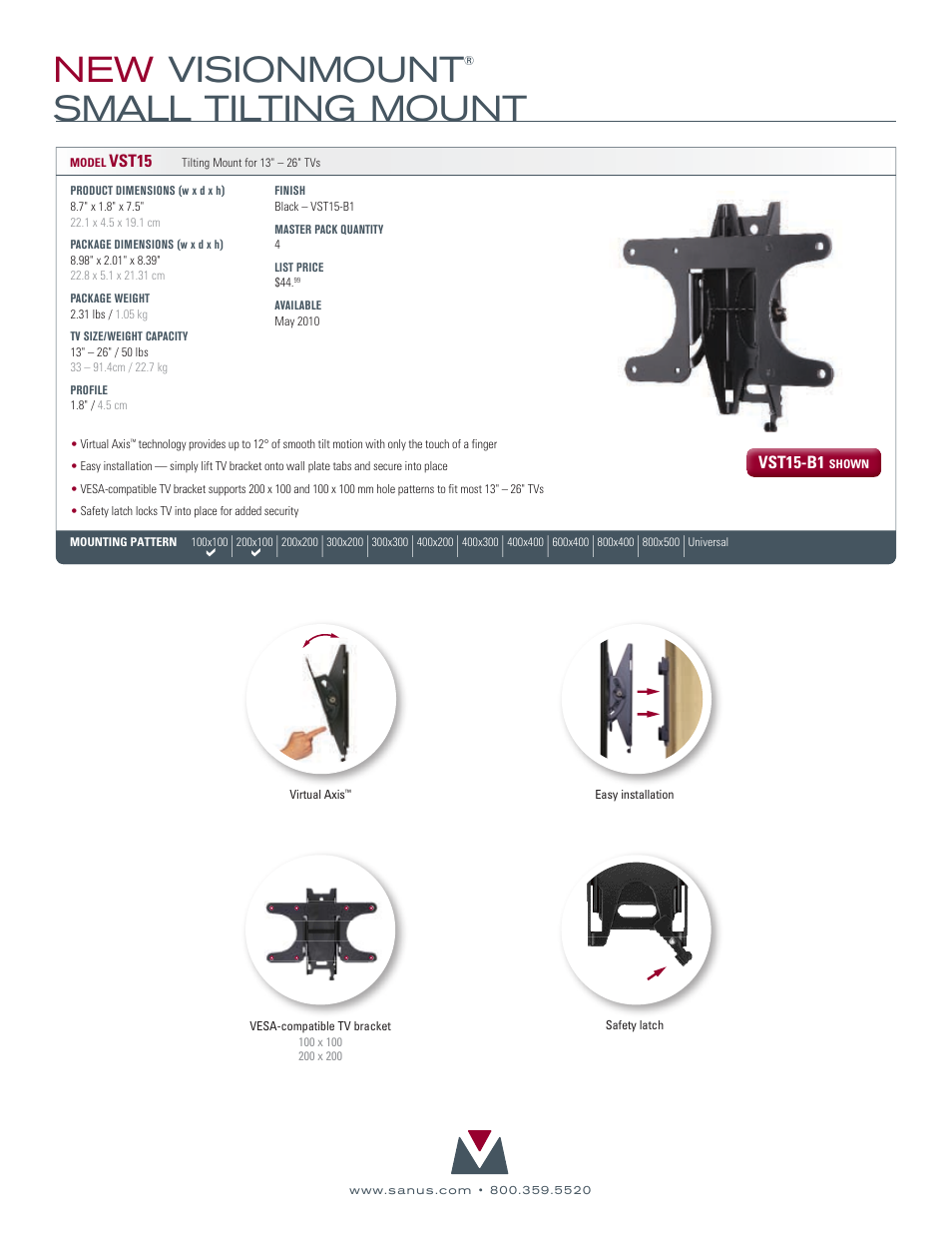 New visionmount, Small tilting mount | Sanus Systems New VisionMount VST15-B1 User Manual | Page 2 / 2