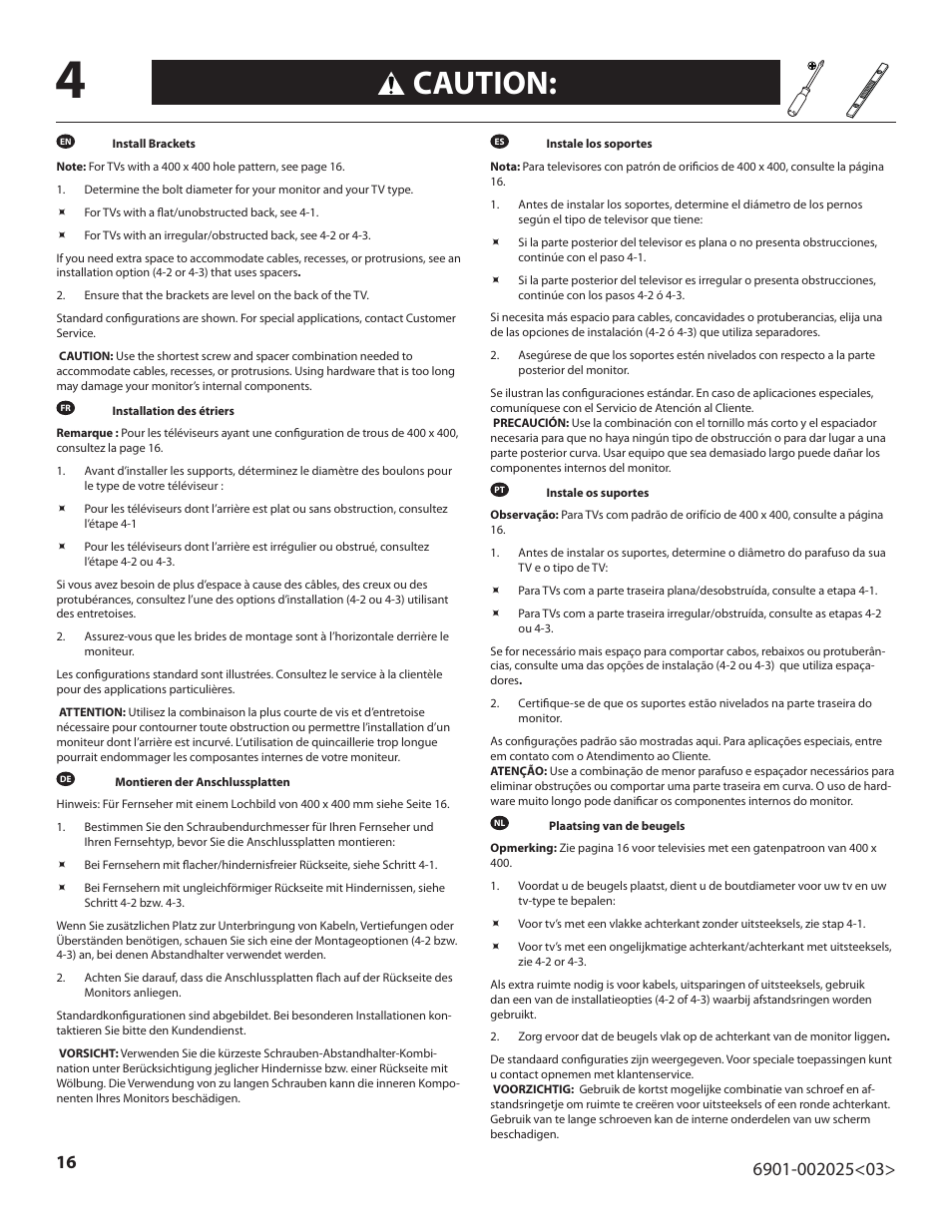 Caution | Sanus Systems VisionMount VLF220 User Manual | Page 16 / 38