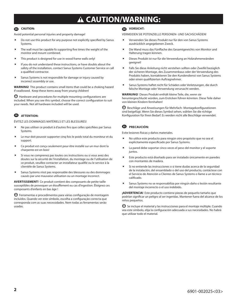 Caution/warning | Sanus Systems VisionMount VLF220 User Manual | Page 2 / 38