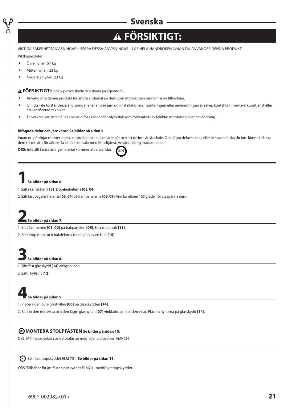 Försiktigt, Svenska | Sanus Systems BFAV344 User Manual | Page 21 / 28