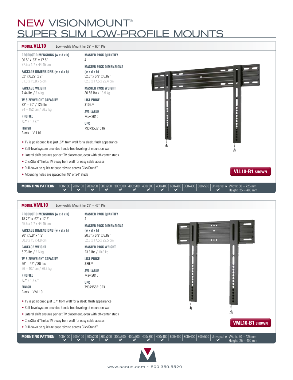 New visionmount, Super slim low-profile mounts | Sanus Systems New VisionMount VMl10-B1 User Manual | Page 2 / 2
