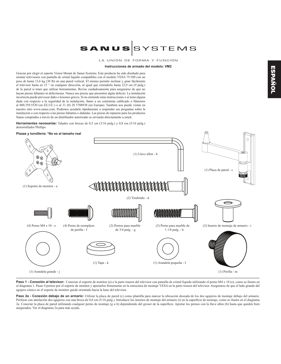 Esp añol | Sanus Systems VM2 User Manual | Page 5 / 18