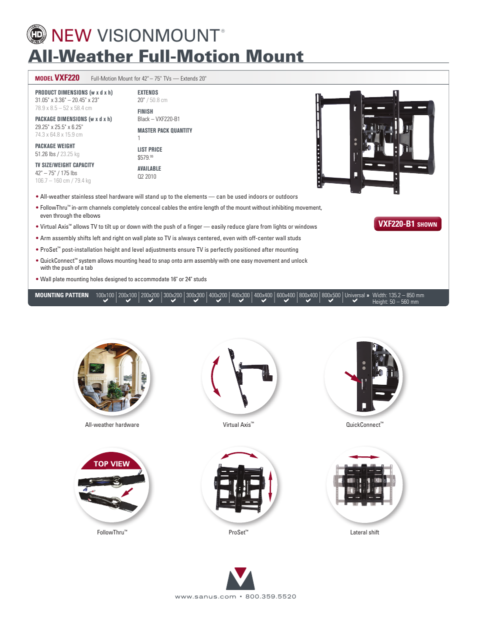 New visionmount, All-weather full-motion mount | Sanus Systems New VisionMount VXF220-B1 User Manual | Page 2 / 2