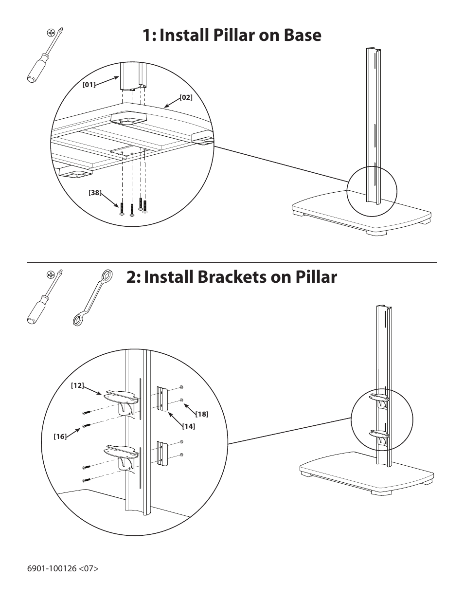 Install pillar on base, Install brackets on pillar | Sanus Systems FFMF2A User Manual | Page 3 / 7