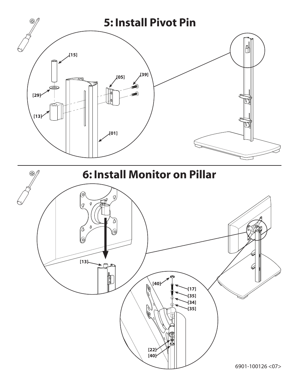 Install monitor on pillar, Install pivot pin | Sanus Systems FFMF2A User Manual | Page 6 / 7