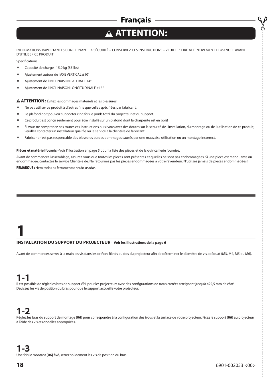 Attention, Français | Sanus Systems VP1 User Manual | Page 18 / 50