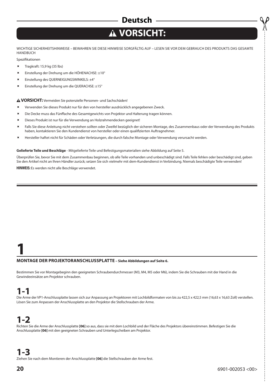 Vorsicht, Deutsch | Sanus Systems VP1 User Manual | Page 20 / 50