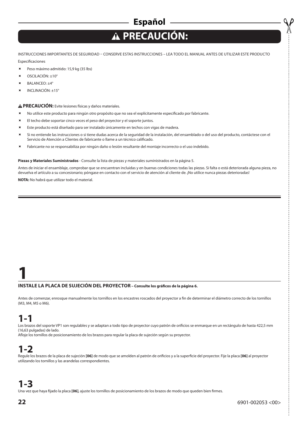 Precaución, Español | Sanus Systems VP1 User Manual | Page 22 / 50