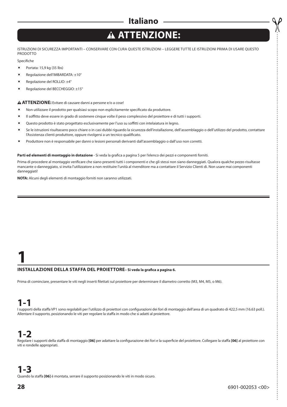 Attenzione, Italiano | Sanus Systems VP1 User Manual | Page 28 / 50