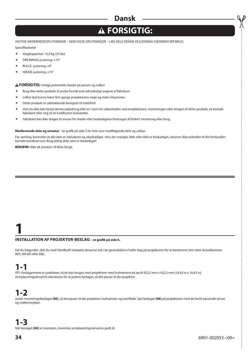 Forsigtig, Dansk | Sanus Systems VP1 User Manual | Page 34 / 50