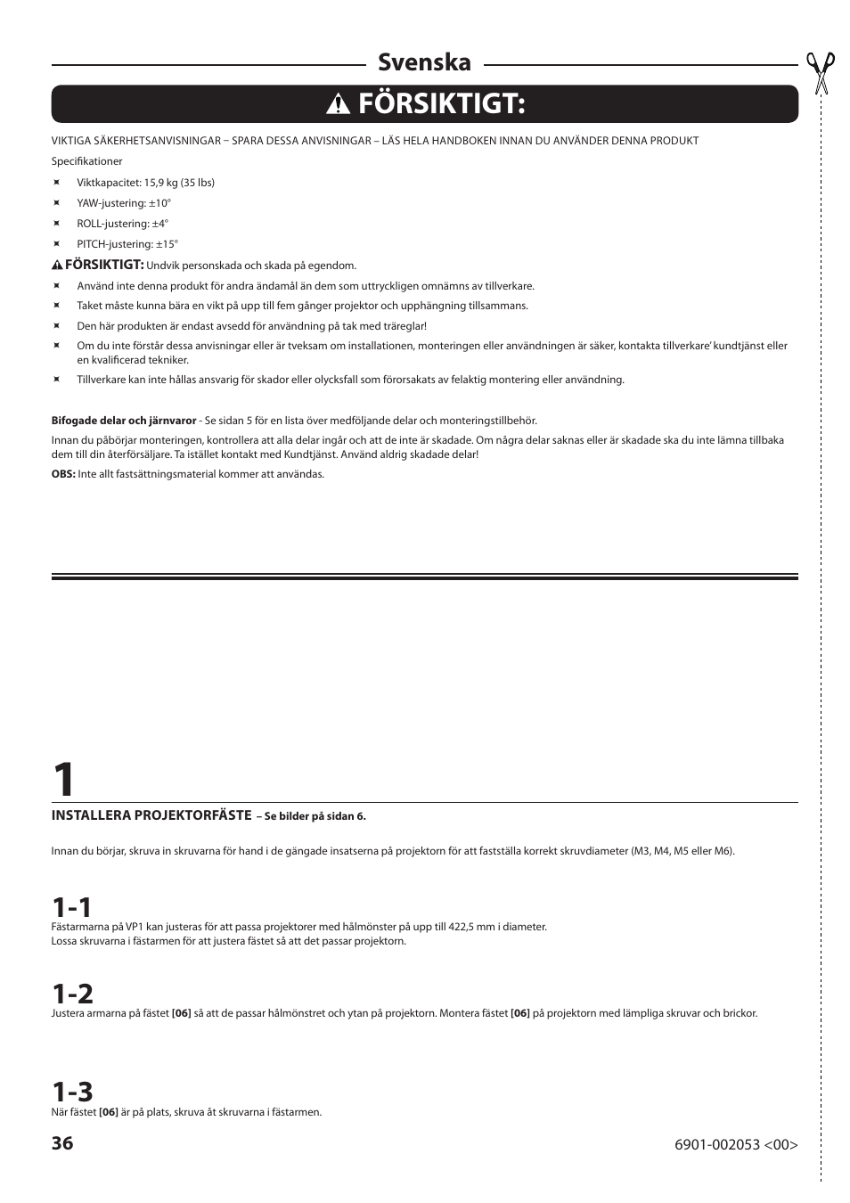 Försiktigt, Svenska | Sanus Systems VP1 User Manual | Page 36 / 50