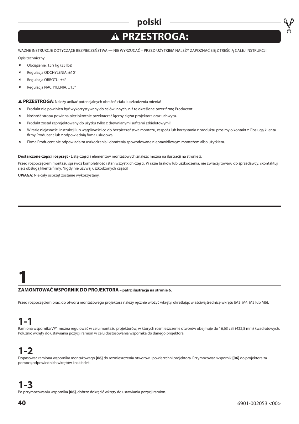 Przestroga, Polski | Sanus Systems VP1 User Manual | Page 40 / 50