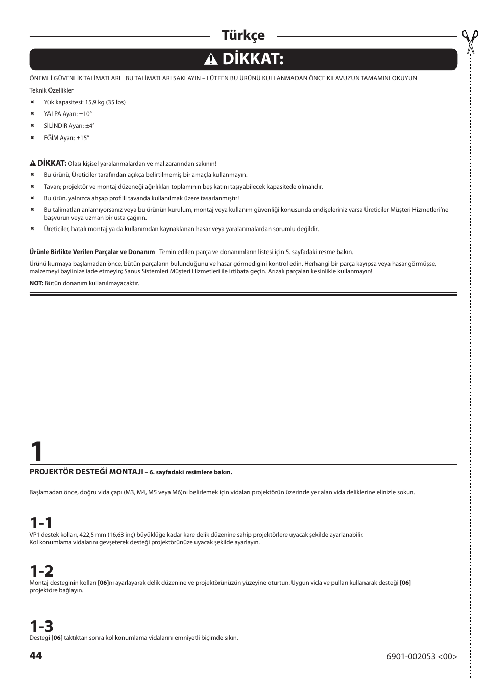 Dikkat, Türkçe | Sanus Systems VP1 User Manual | Page 44 / 50