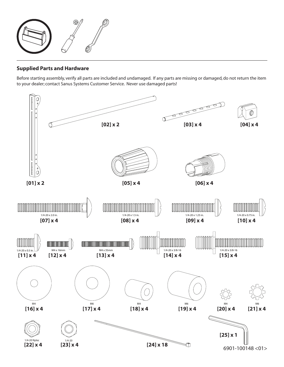 Supplied parts and hardware | Sanus Systems XAS1A User Manual | Page 2 / 8