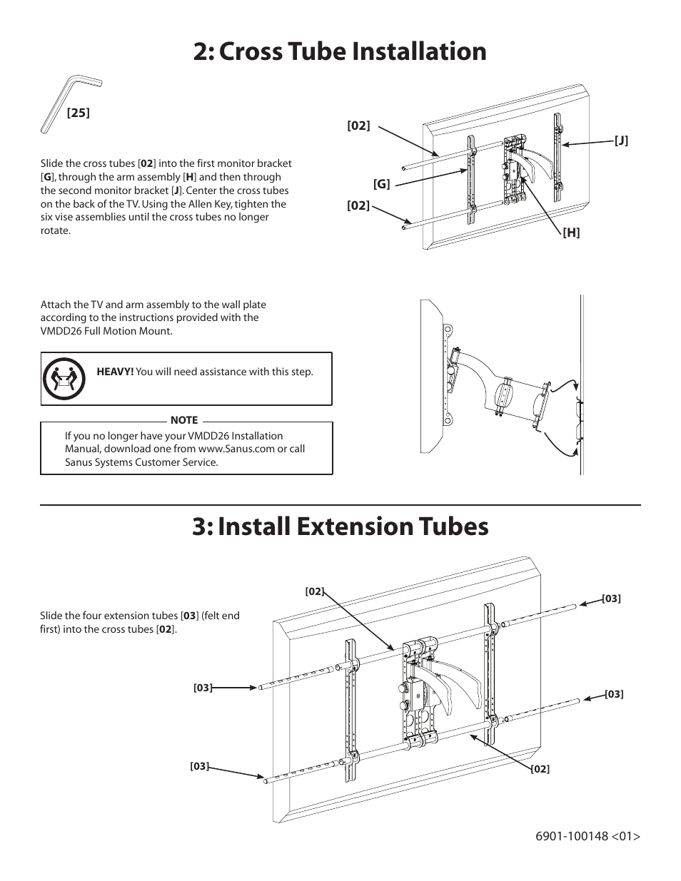 Cross tube installation, Install extension tubes | Sanus Systems XAS1A User Manual | Page 4 / 8