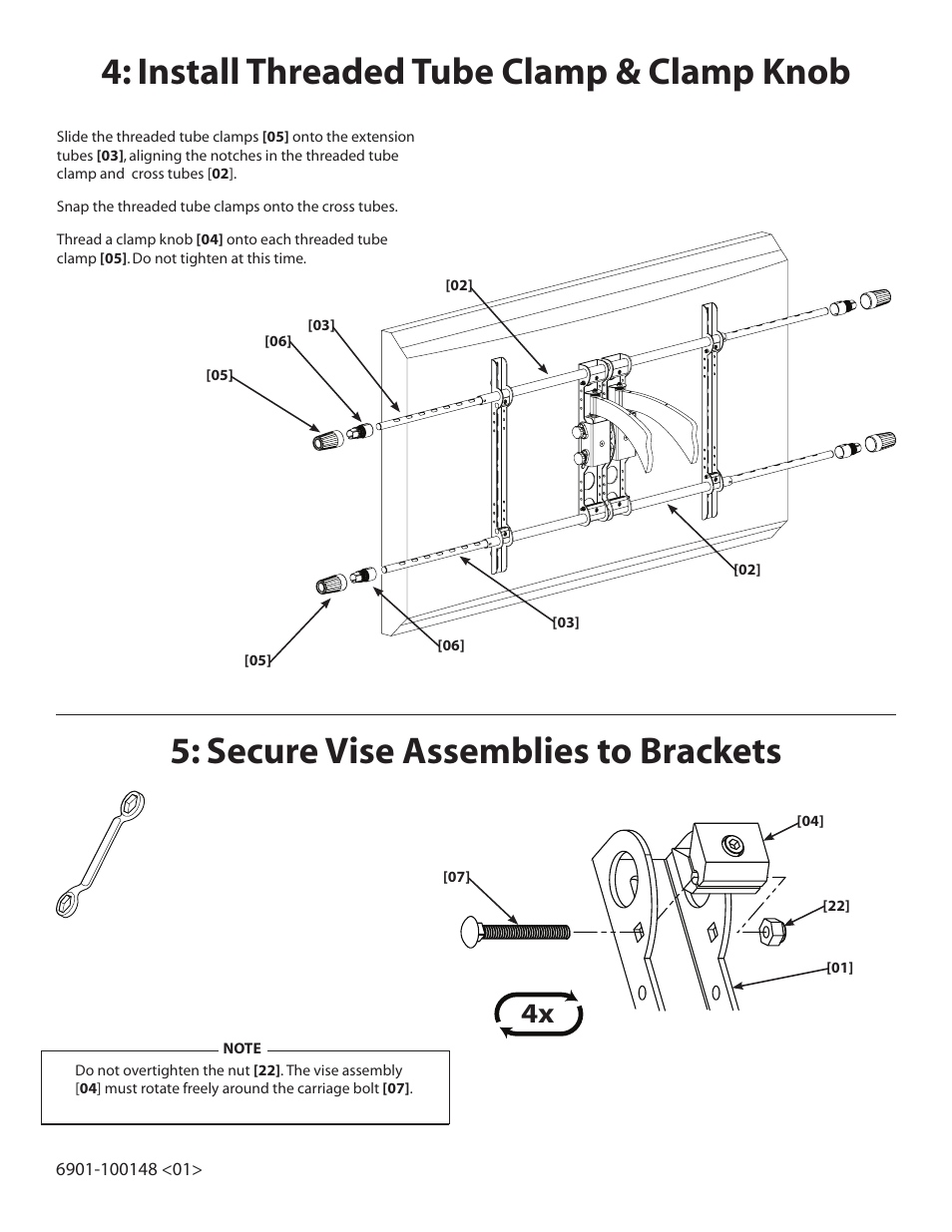 Install threaded tube clamp & clamp knob, Secure vise assemblies to brackets | Sanus Systems XAS1A User Manual | Page 5 / 8