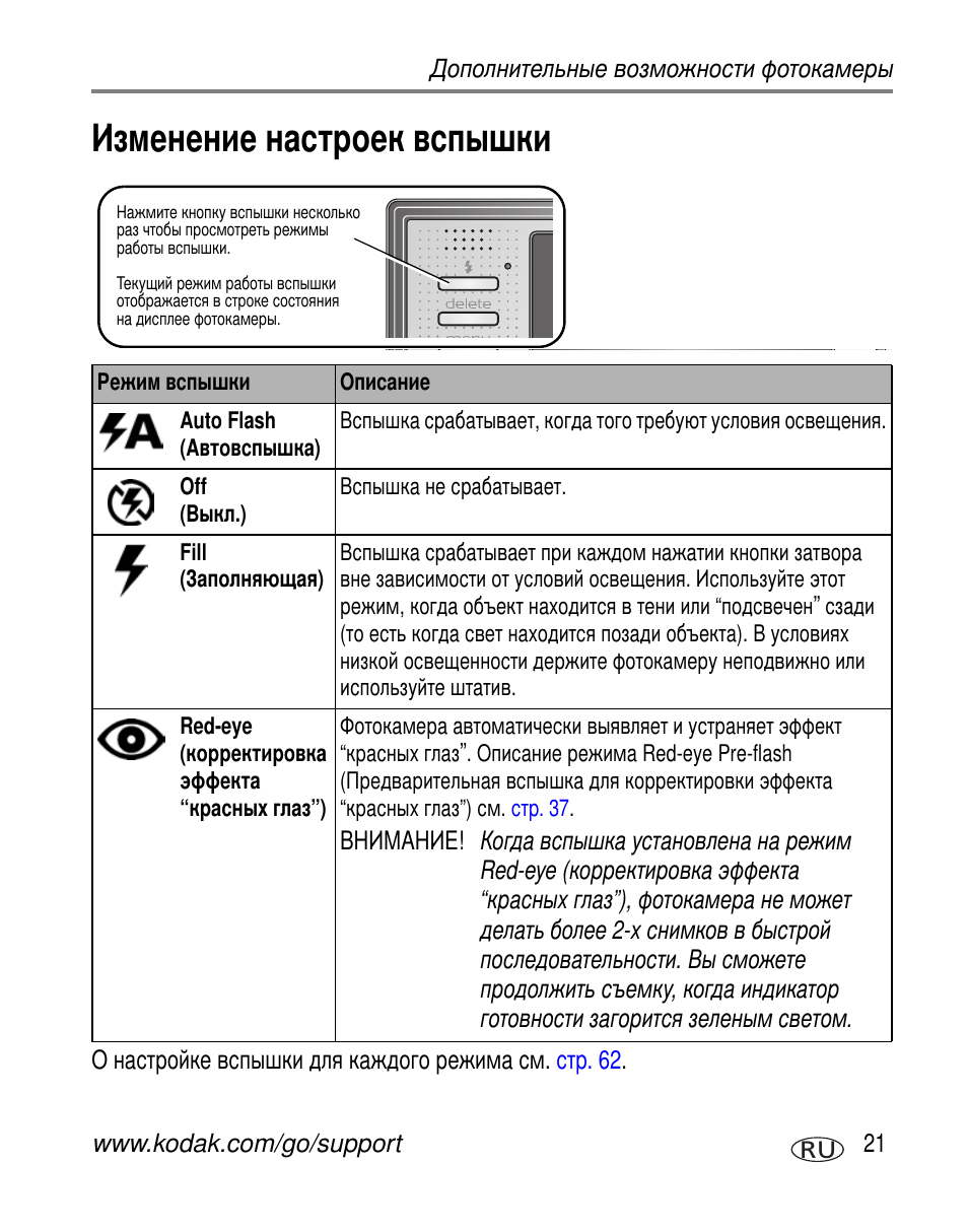 Изменение настроек вспышки | Kodak V570 User Manual | Page 27 / 85