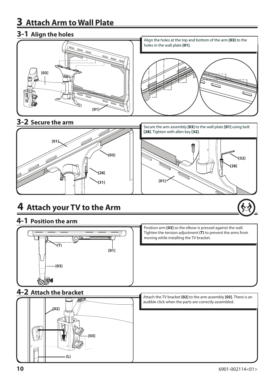 Attach arm to wall plate, Attach your tv to the arm | Sanus Systems LF228 User Manual | Page 10 / 40