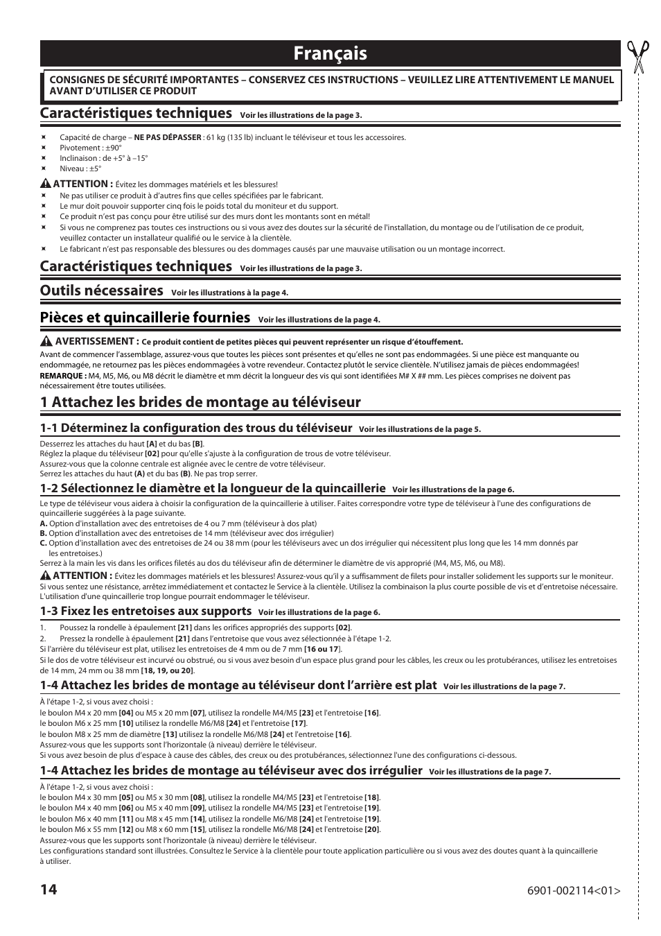 Français, Caractéristiques techniques, Outils nécessaires | Pièces et quincaillerie fournies, 1 attachez les brides de montage au téléviseur, 3 fixez les entretoises aux supports | Sanus Systems LF228 User Manual | Page 14 / 40