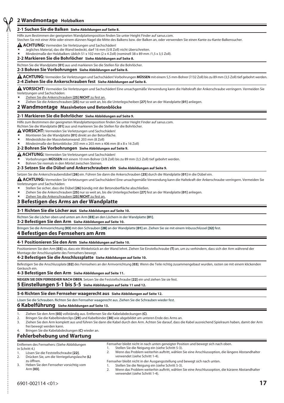 2 wandmontage, 3 befestigen des arms an der wandplatte, 4 befestigen des fernsehers am arm | 6 kabelführung, Fehlerbehebung und wartung | Sanus Systems LF228 User Manual | Page 17 / 40