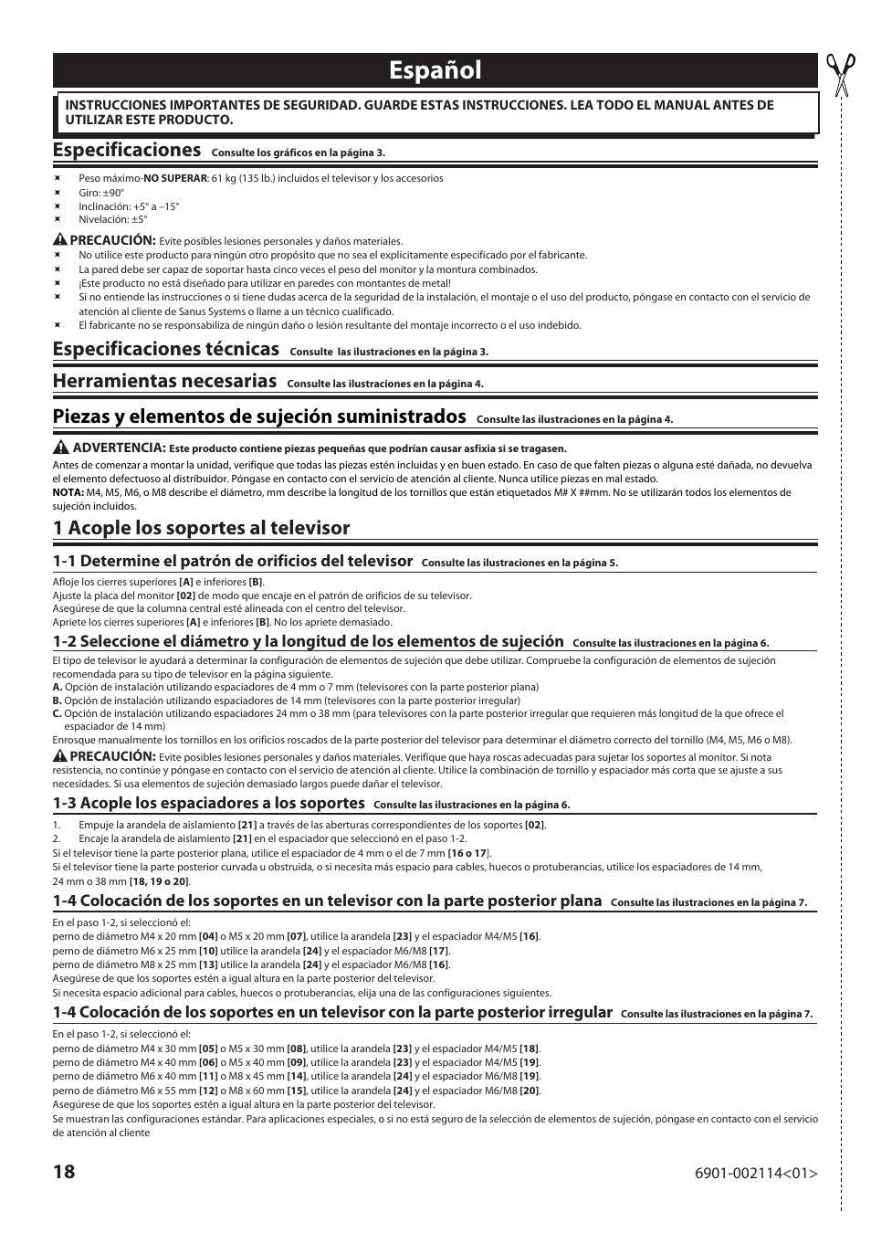 Español, Especificaciones, Especificaciones técnicas | Herramientas necesarias, Piezas y elementos de sujeción suministrados, 1 acople los soportes al televisor, 1 determine el patrón de orificios del televisor, 3 acople los espaciadores a los soportes | Sanus Systems LF228 User Manual | Page 18 / 40