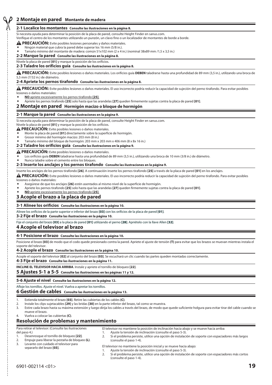2 montaje en pared, 3 acople el brazo a la placa de pared, 4 acople el televisor al brazo | 6 gestión de cables, Resolución de problemas y mantenimiento | Sanus Systems LF228 User Manual | Page 19 / 40