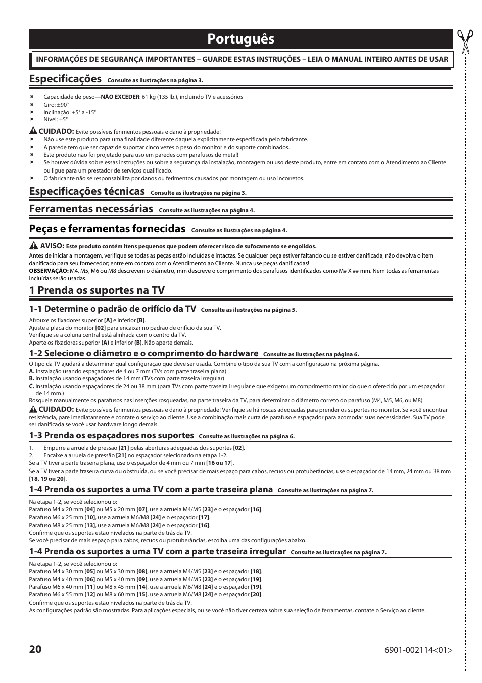 Português, Especificações, Especificações técnicas | Ferramentas necessárias, Peças e ferramentas fornecidas, 1 prenda os suportes na tv, 1 determine o padrão de orifício da tv, 2 selecione o diâmetro e o comprimento do hardware, 3 prenda os espaçadores nos suportes | Sanus Systems LF228 User Manual | Page 20 / 40