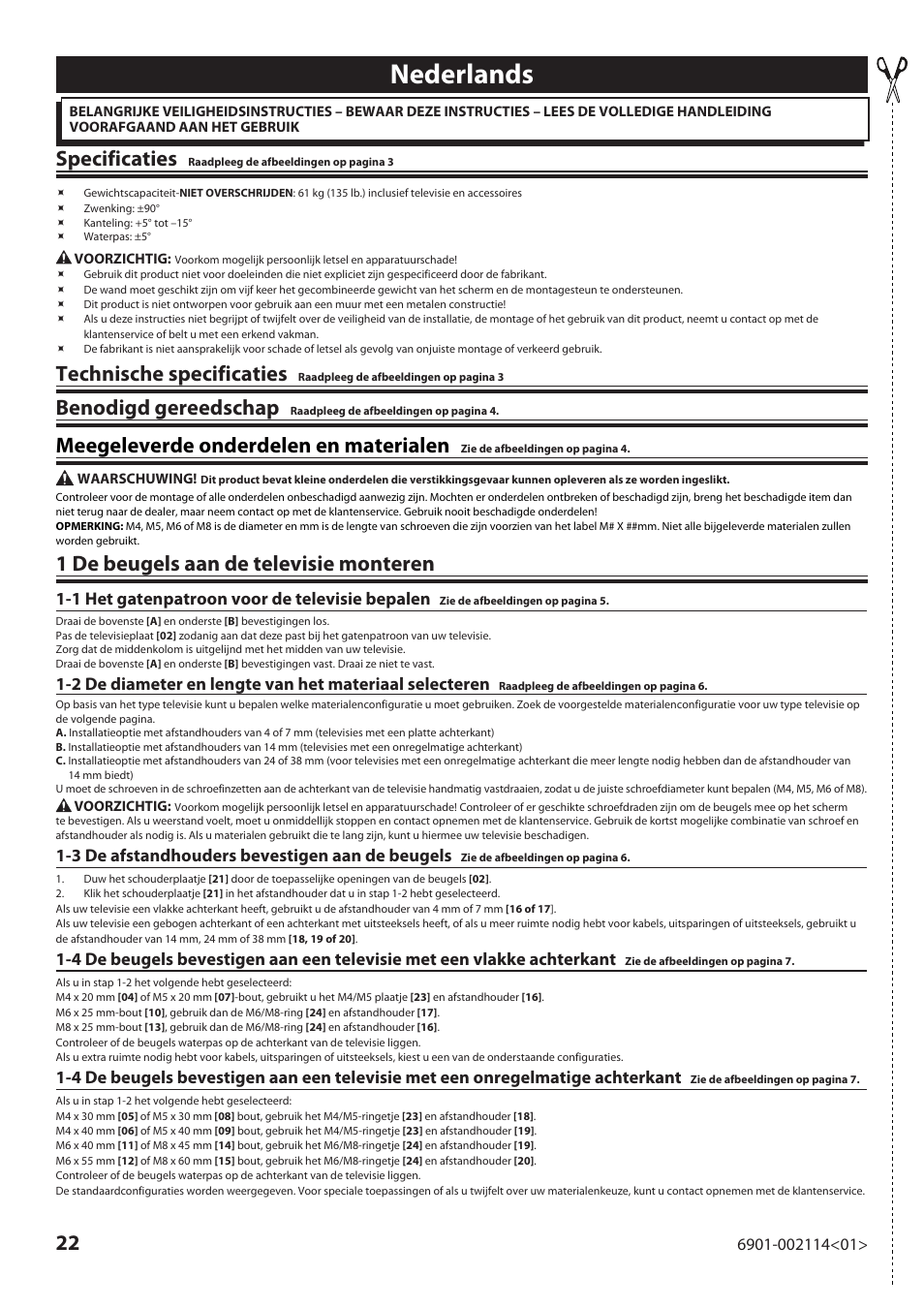 Nederlands, Specificaties, Technische specificaties | Benodigd gereedschap, Meegeleverde onderdelen en materialen, 1 de beugels aan de televisie monteren, 1 het gatenpatroon voor de televisie bepalen, 3 de afstandhouders bevestigen aan de beugels | Sanus Systems LF228 User Manual | Page 22 / 40