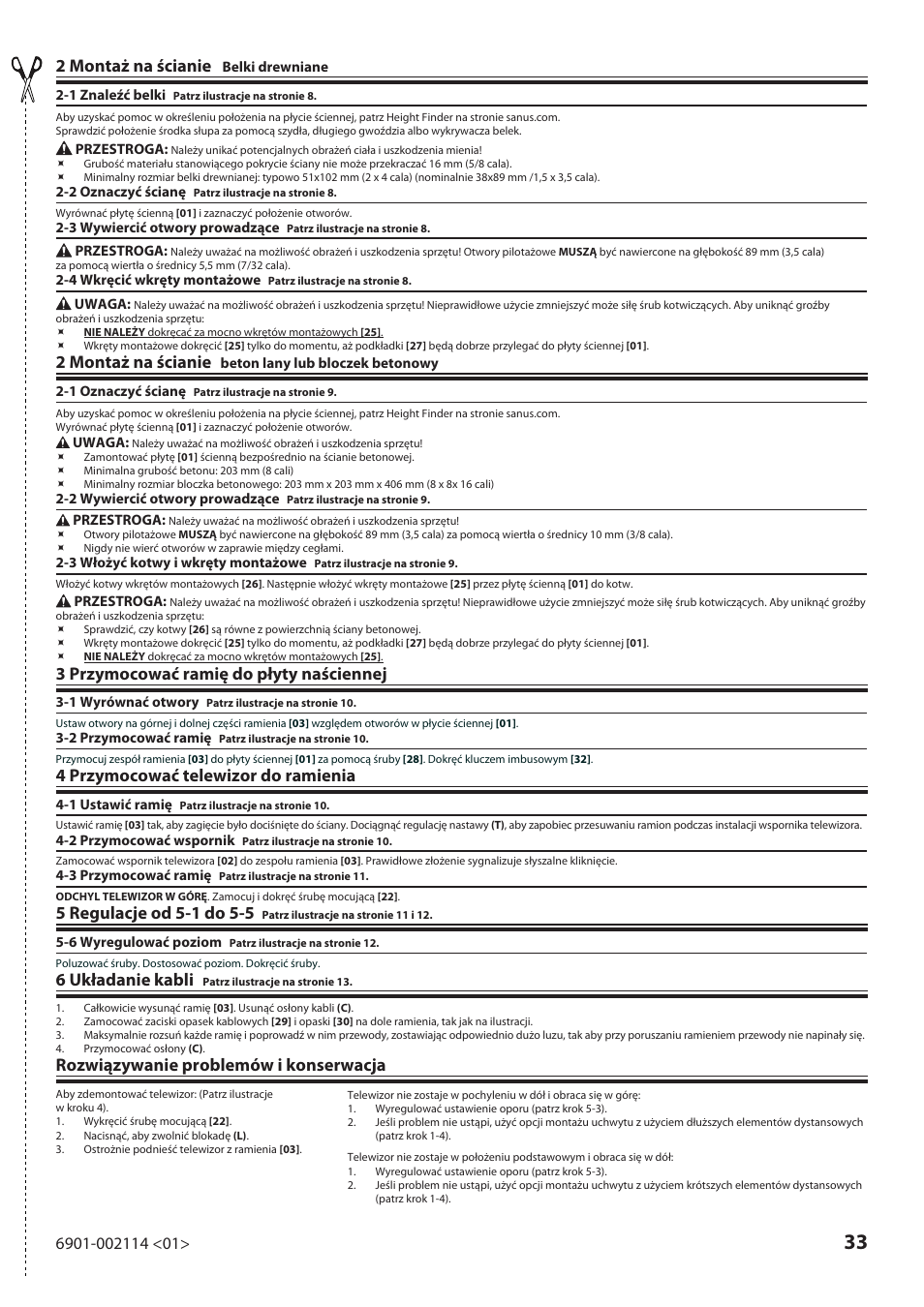 2 montaż na ścianie, 3 przymocować ramię do płyty naściennej, 4 przymocować telewizor do ramienia | 6 układanie kabli, Rozwiązywanie problemów i konserwacja | Sanus Systems LF228 User Manual | Page 33 / 40