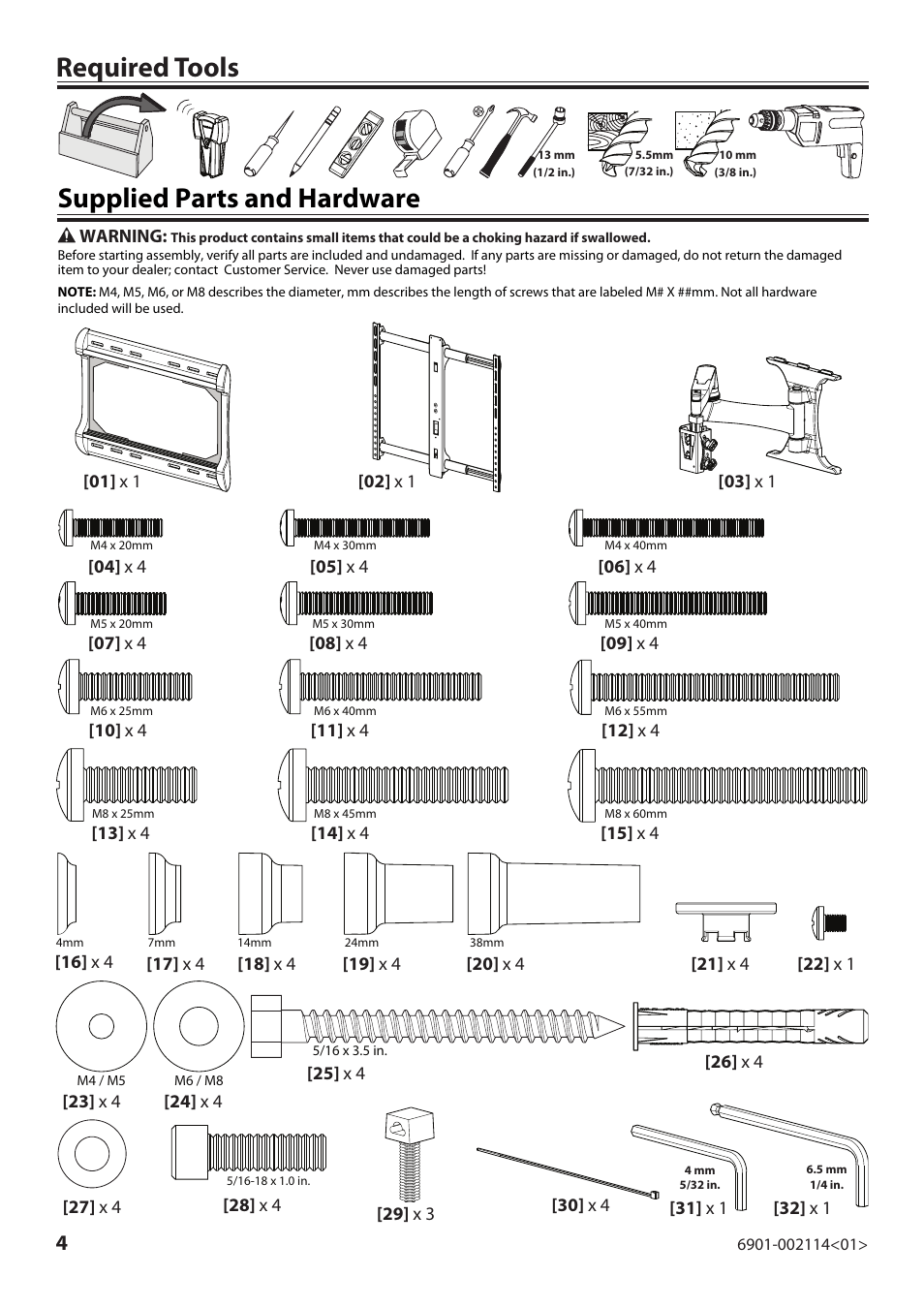 Supplied parts and hardware, Required tools | Sanus Systems LF228 User Manual | Page 4 / 40