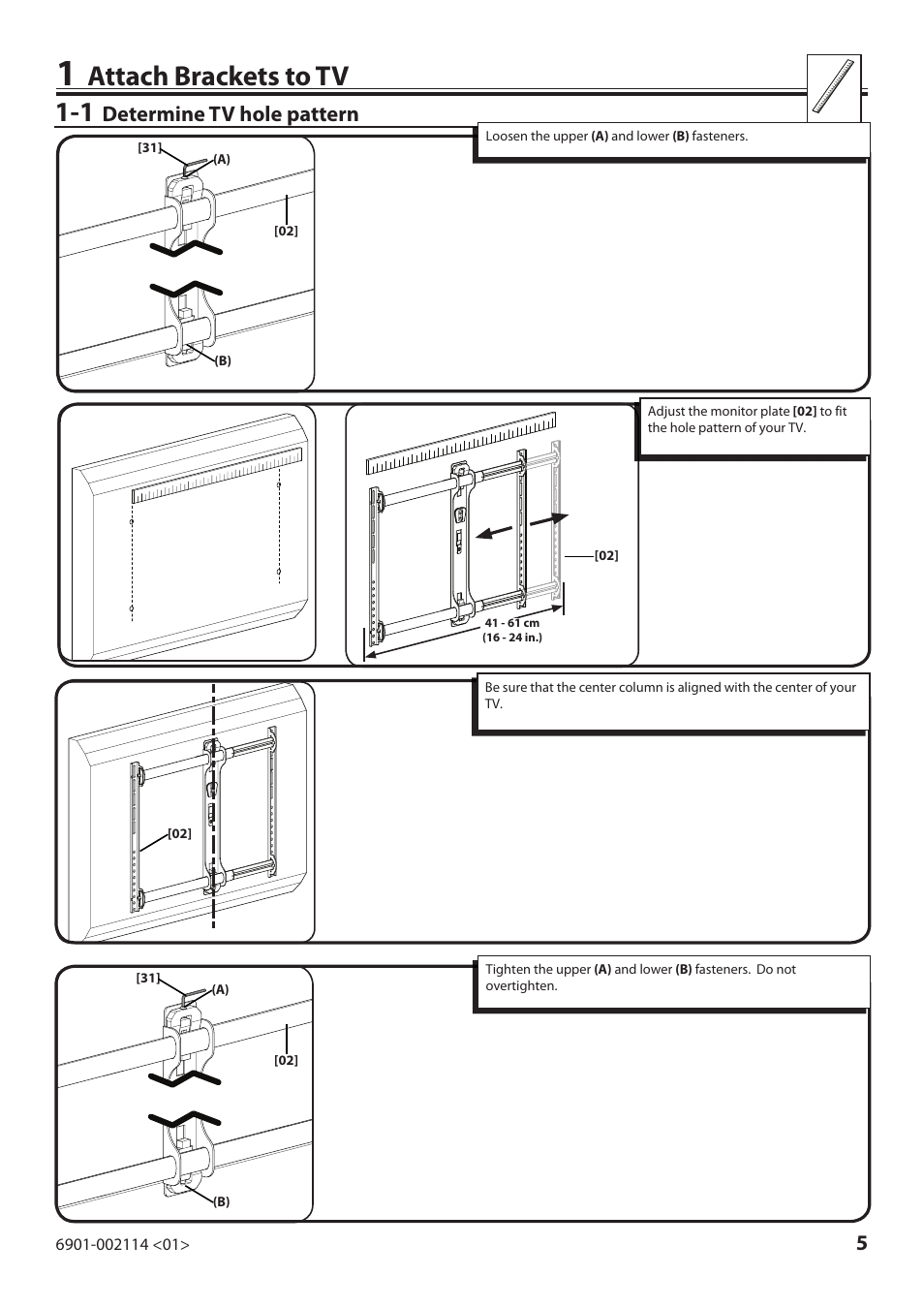 Attach brackets to tv 1-1, Determine tv hole pattern | Sanus Systems LF228 User Manual | Page 5 / 40