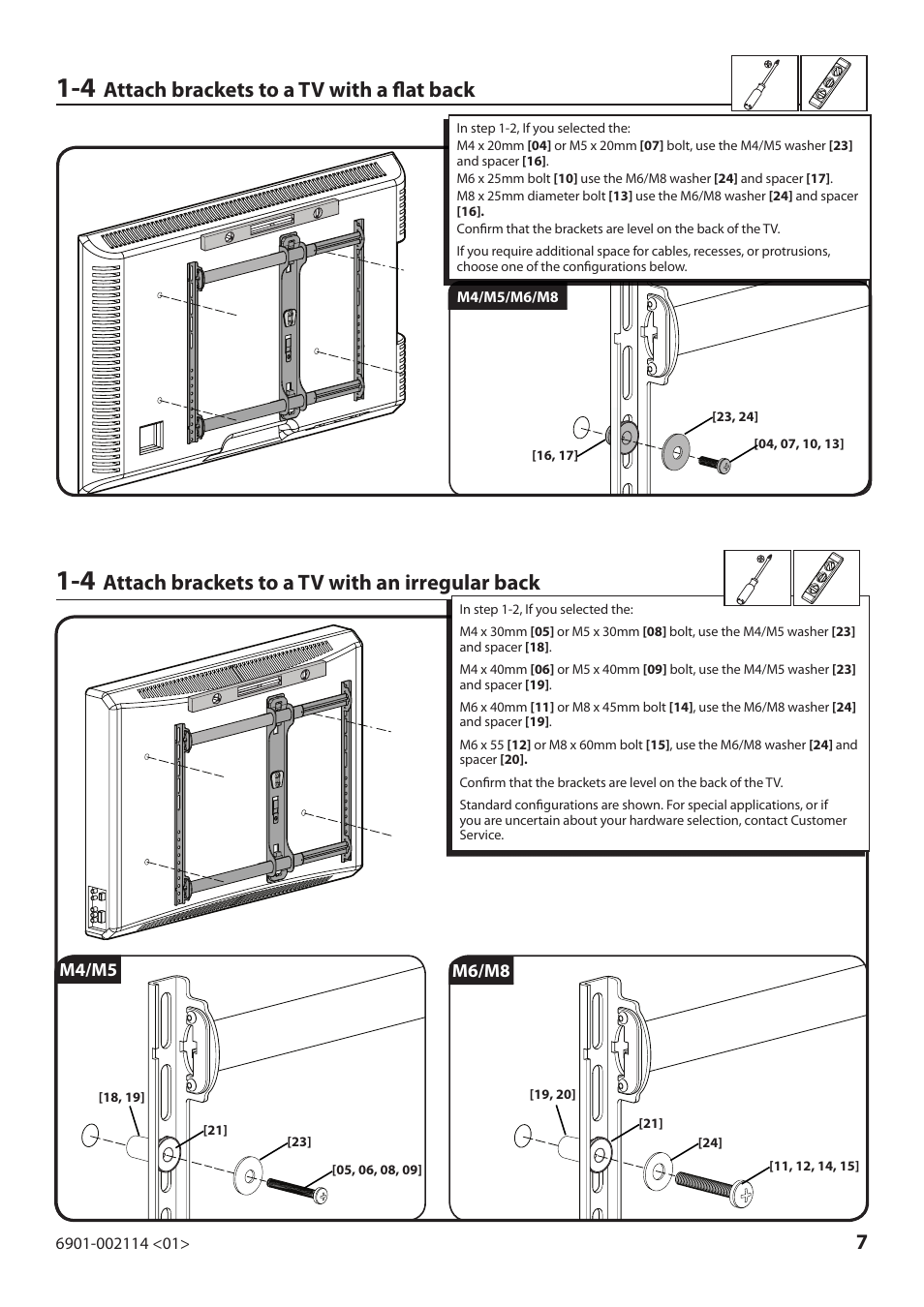 Attach brackets to a tv with a flat back, Attach brackets to a tv with an irregular back | Sanus Systems LF228 User Manual | Page 7 / 40