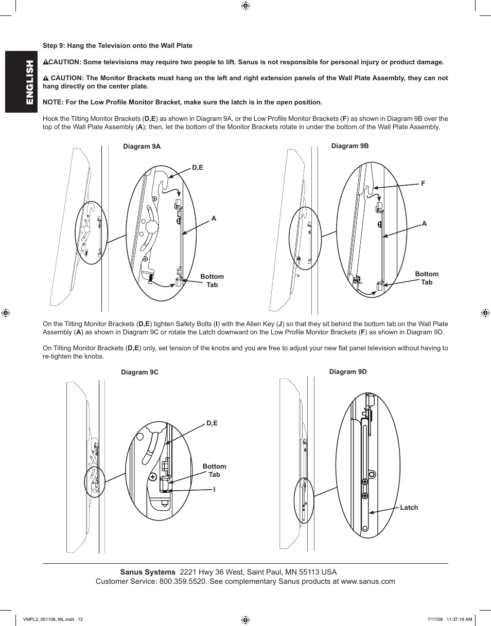 English | Sanus Systems VMPL3 User Manual | Page 12 / 32