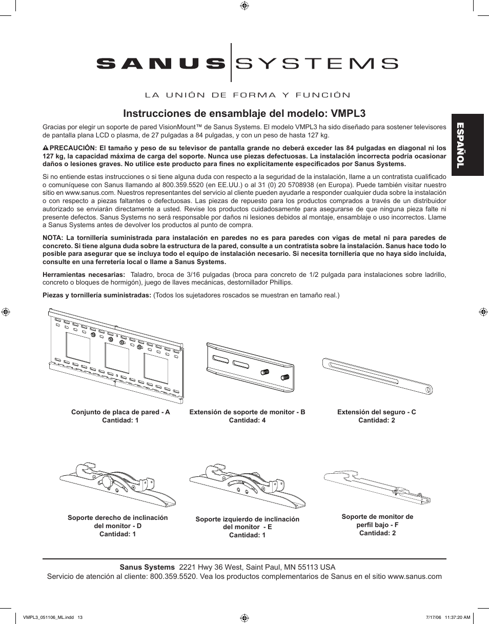 Instrucciones de ensamblaje del modelo: vmpl3, Esp añol | Sanus Systems VMPL3 User Manual | Page 13 / 32