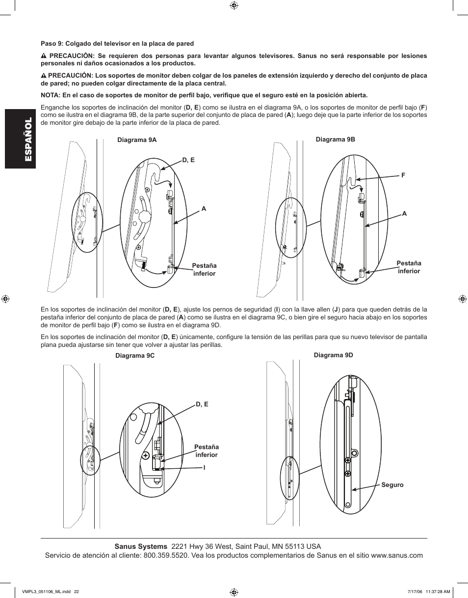Esp añol | Sanus Systems VMPL3 User Manual | Page 22 / 32