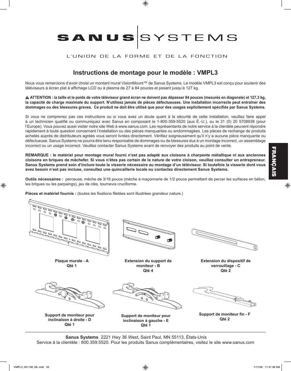 Instructions de montage pour le modèle : vmpl3, Français | Sanus Systems VMPL3 User Manual | Page 23 / 32
