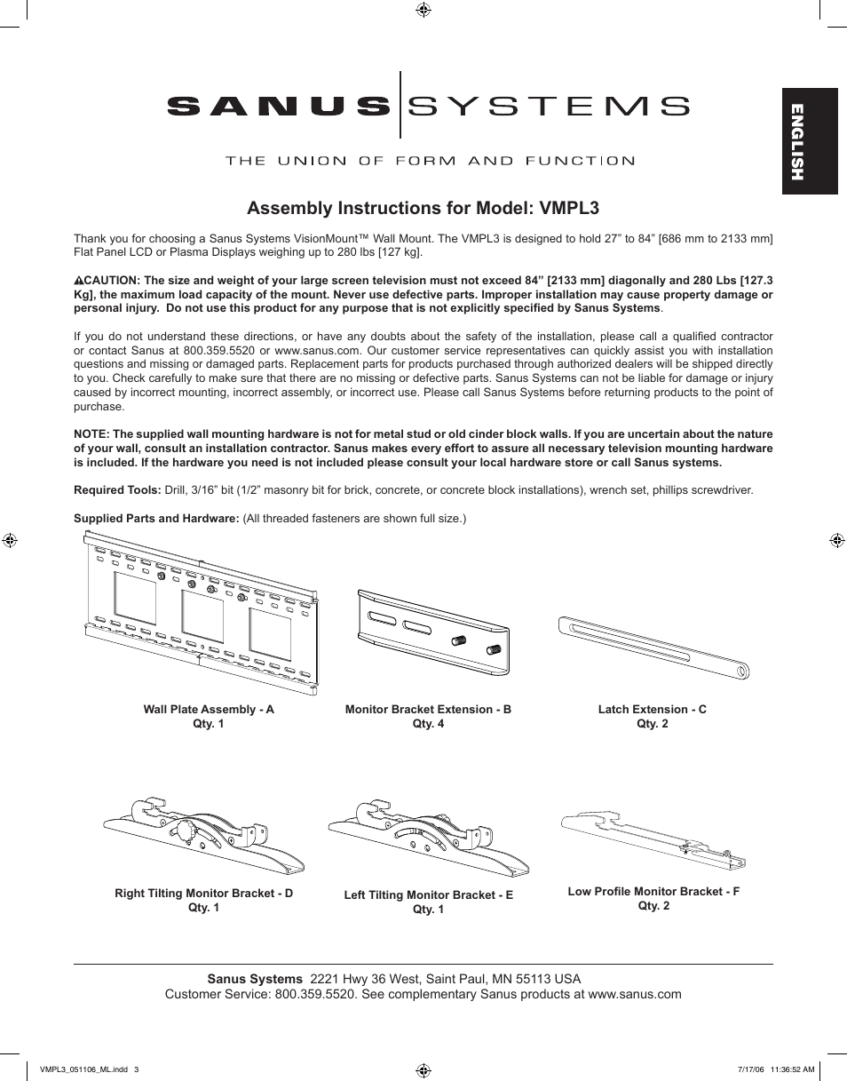 Assembly instructions for model: vmpl3, English | Sanus Systems VMPL3 User Manual | Page 3 / 32
