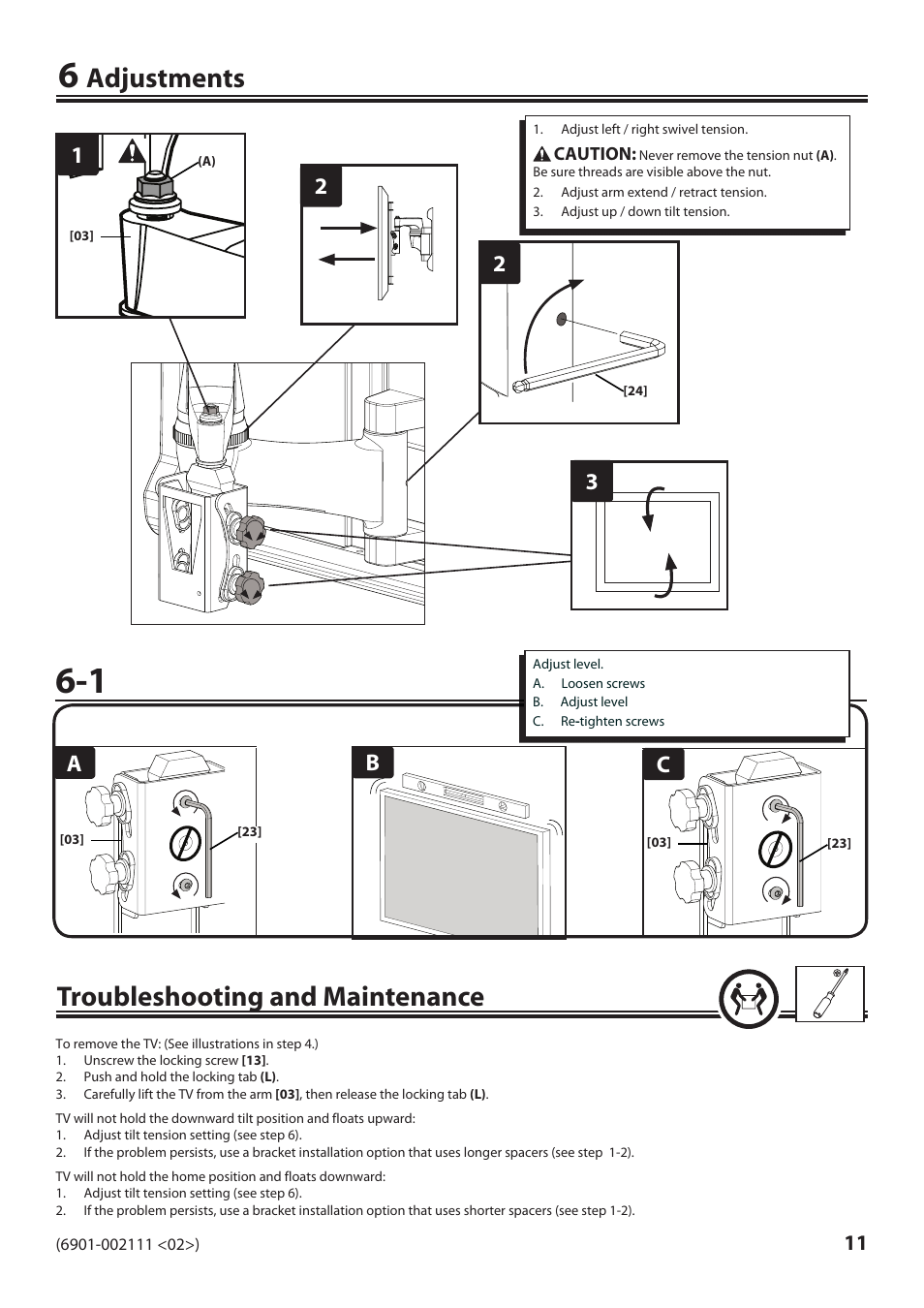 Adjustments, Troubleshooting and maintenance, 13 2 2 b a c | Sanus Systems VLF220 User Manual | Page 11 / 38