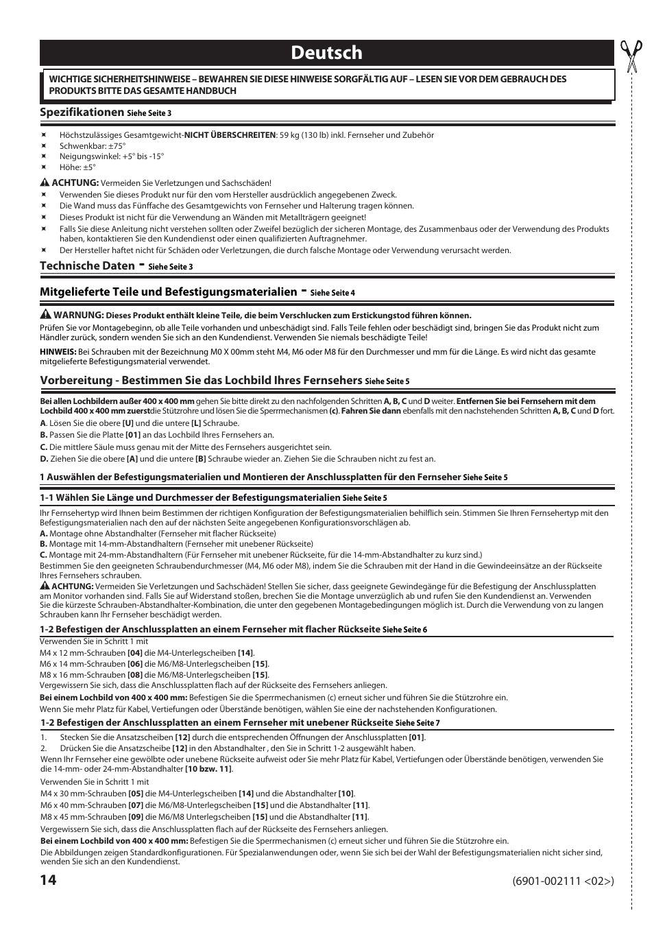 Deutsch, Spezifikationen, Technische daten | Mitgelieferte teile und befestigungsmaterialien | Sanus Systems VLF220 User Manual | Page 14 / 38