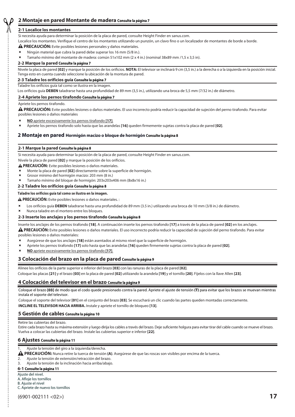 6 ajustes, 2 montaje en pared montante de madera, 2 montaje en pared | 3 colocación del brazo en la placa de pared, 4 colocación del televisor en el brazo, 5 gestión de cables | Sanus Systems VLF220 User Manual | Page 17 / 38